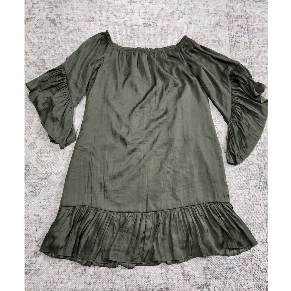 White House Black Market Olive Green Off-Shoulder Flounce Ruffle Dress L